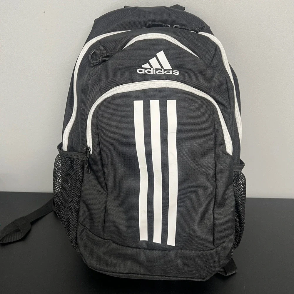 Adidas Black White 3-Stripe Striper Backpack School Gym Bag Recycled Polyester